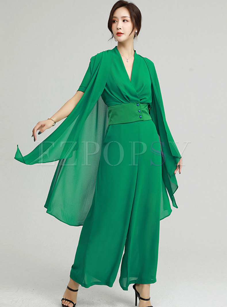 Solid V-neck Shawl Patchwork Palazzo Pant Suits