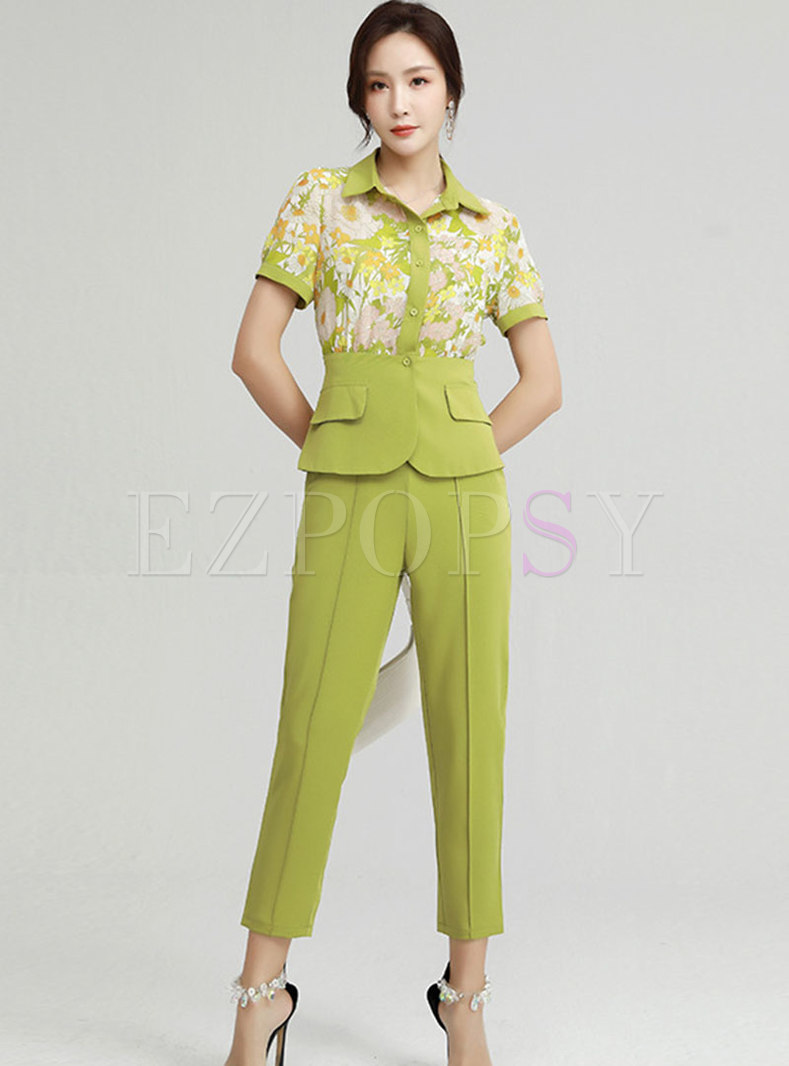 Turn-down Collar Print Patchwork Pant Suits