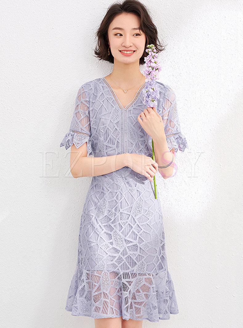 Purple V-Neck Openwork Lace Dress