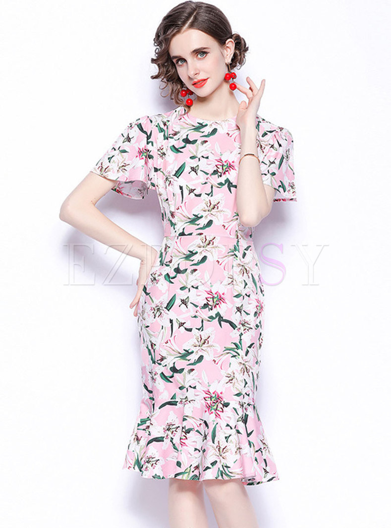 Pink Flare Sleeve Print Bodycon Peplum Dress