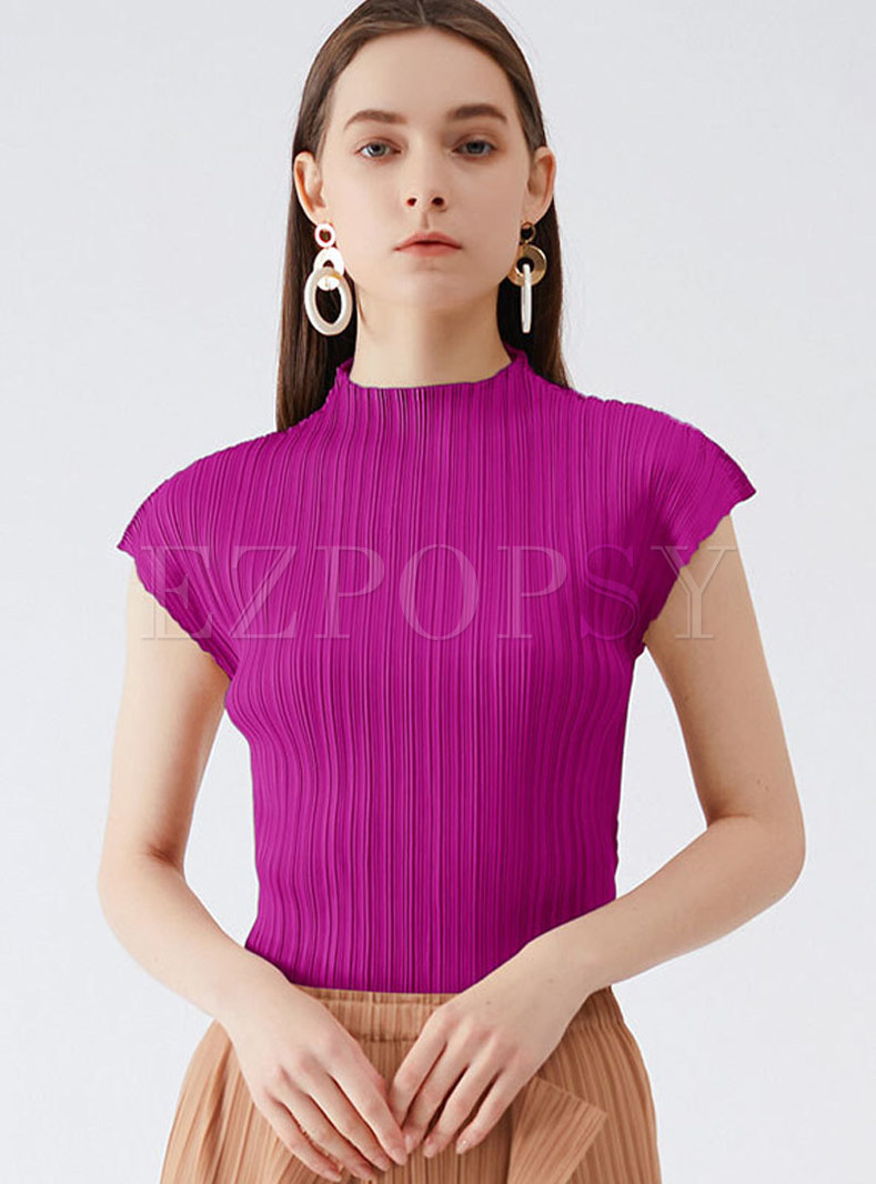 Solid Mock Neck Cap Sleeve Pleated T-Shirt