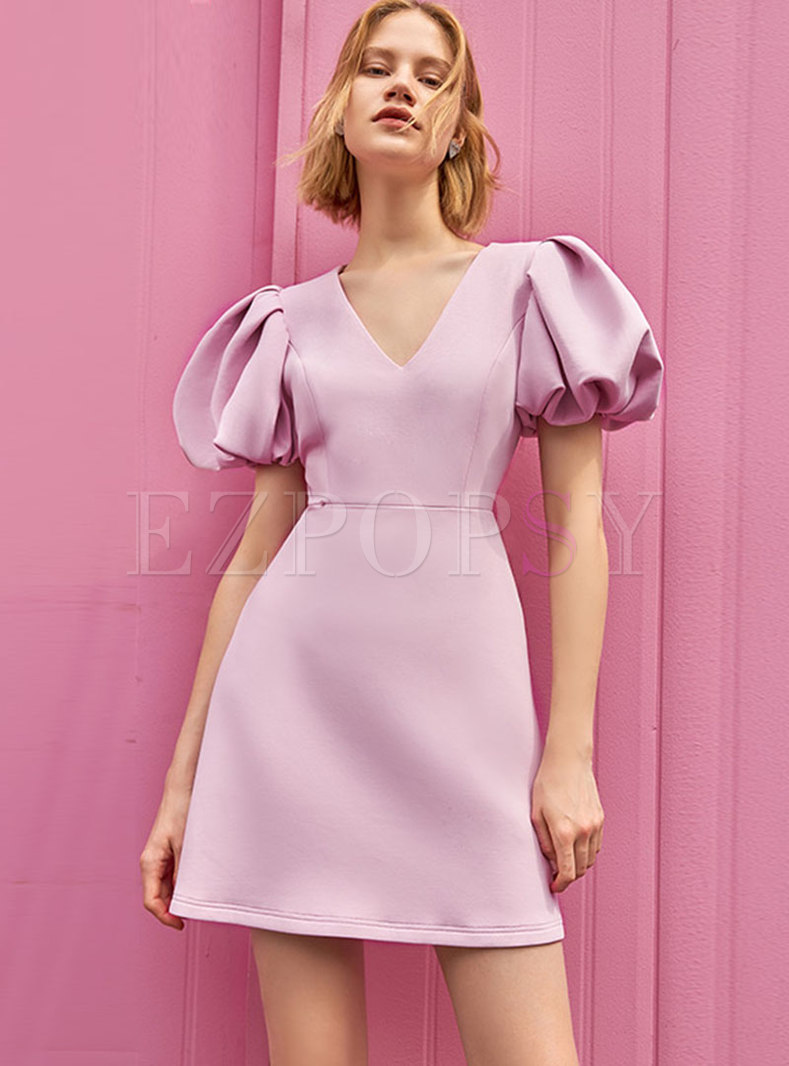Pink V-neck Puff Sleeve Mini Skater Dress