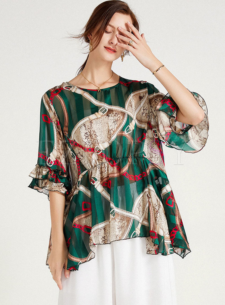 Plus Size Print Flare Sleeve Pullover Blouse