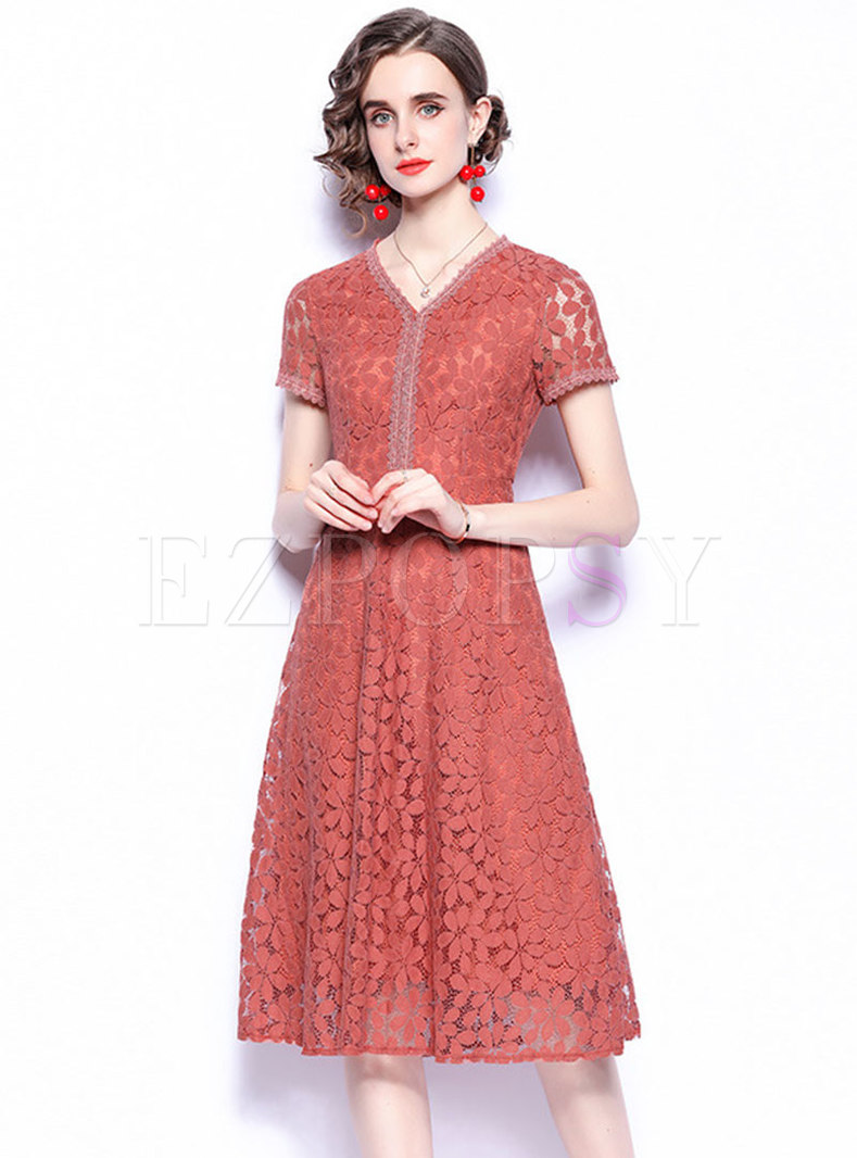 Brown V-neck Short Sleeve A Line Lace Dress