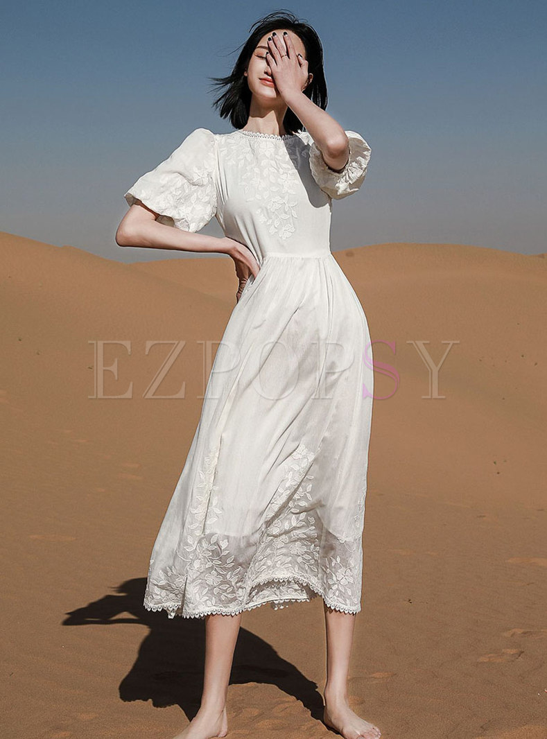 Dresses | Maxi Dresses | White Embroidered Puff Sleeve Maxi Dress