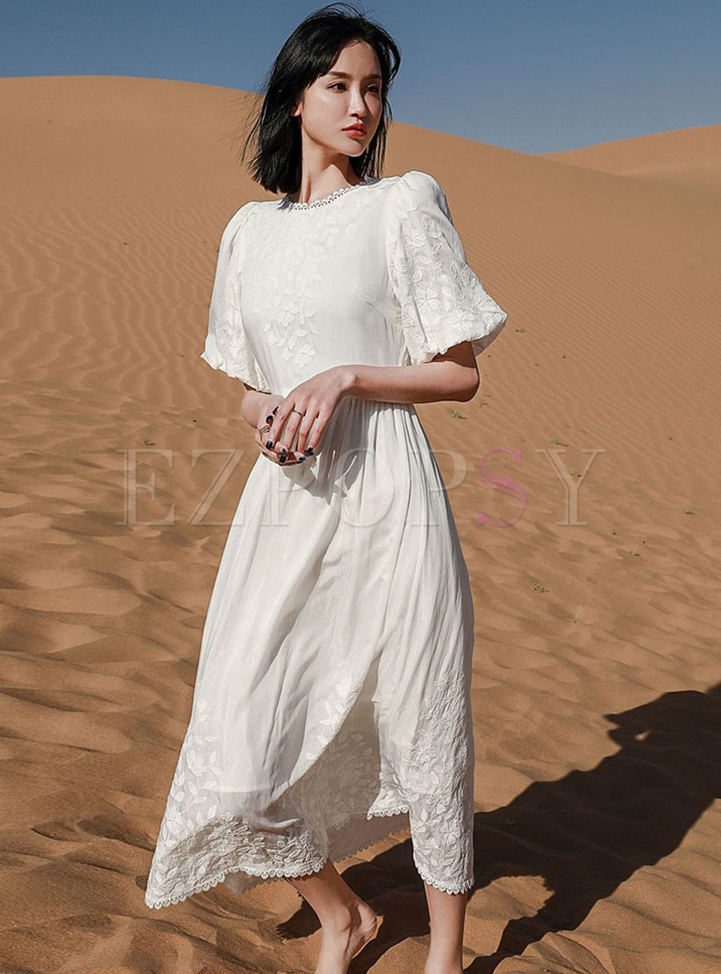 Dresses | Maxi Dresses | White Embroidered Puff Sleeve Maxi Dress