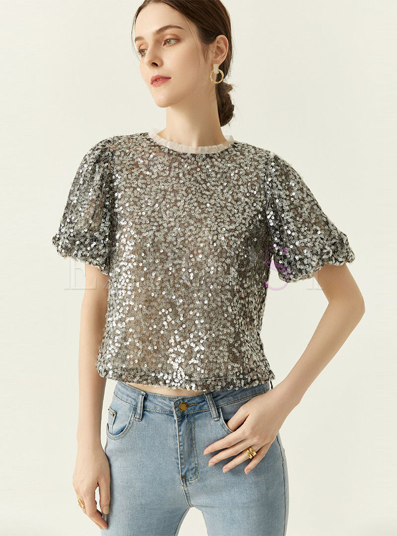 Tops | Blouses | Puff Sleeve Sequin Mesh Pullover Blouse