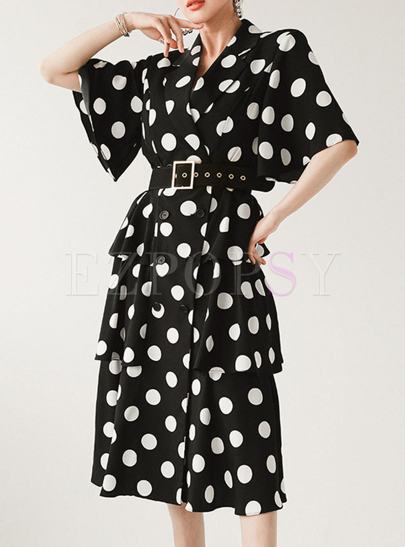 Black Polka Dot Belted Layer Midi Dress