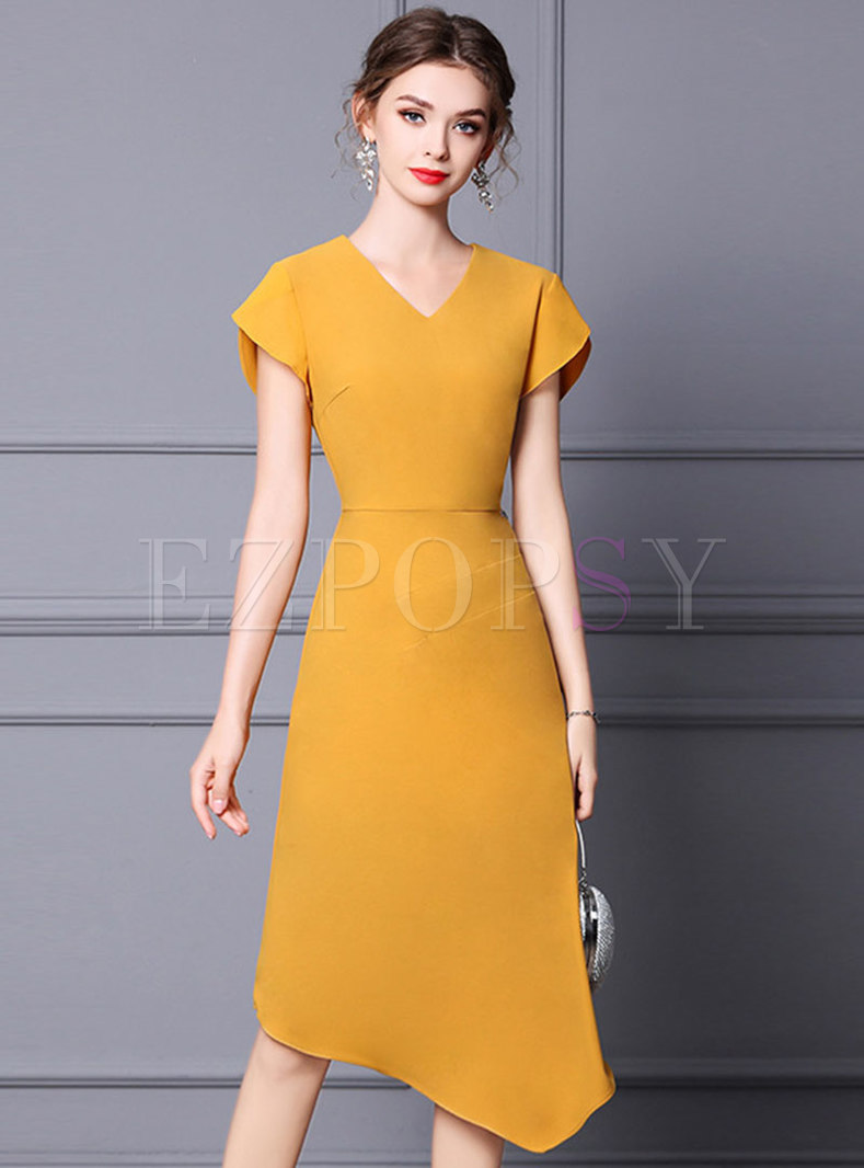 Yellow V-neck A Line High-low Dress