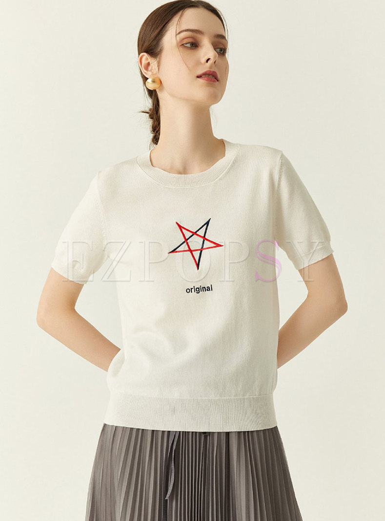 Casual Crew Neck Pullover Embroidered Knit Top