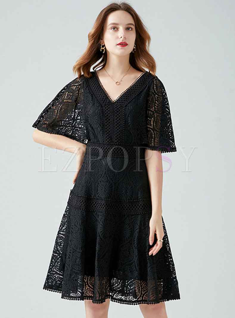 Black V-neck Half Sleeve Lace Dress