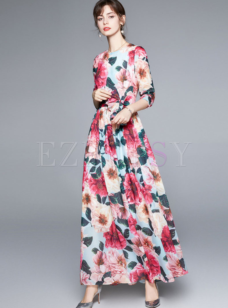 Dresses | Maxi Dresses | Crew Neck Long Sleeve Print Wrap Maxi Dress