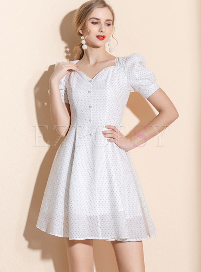 White Puff Sleeve Polka Dot A Line Mini Dress