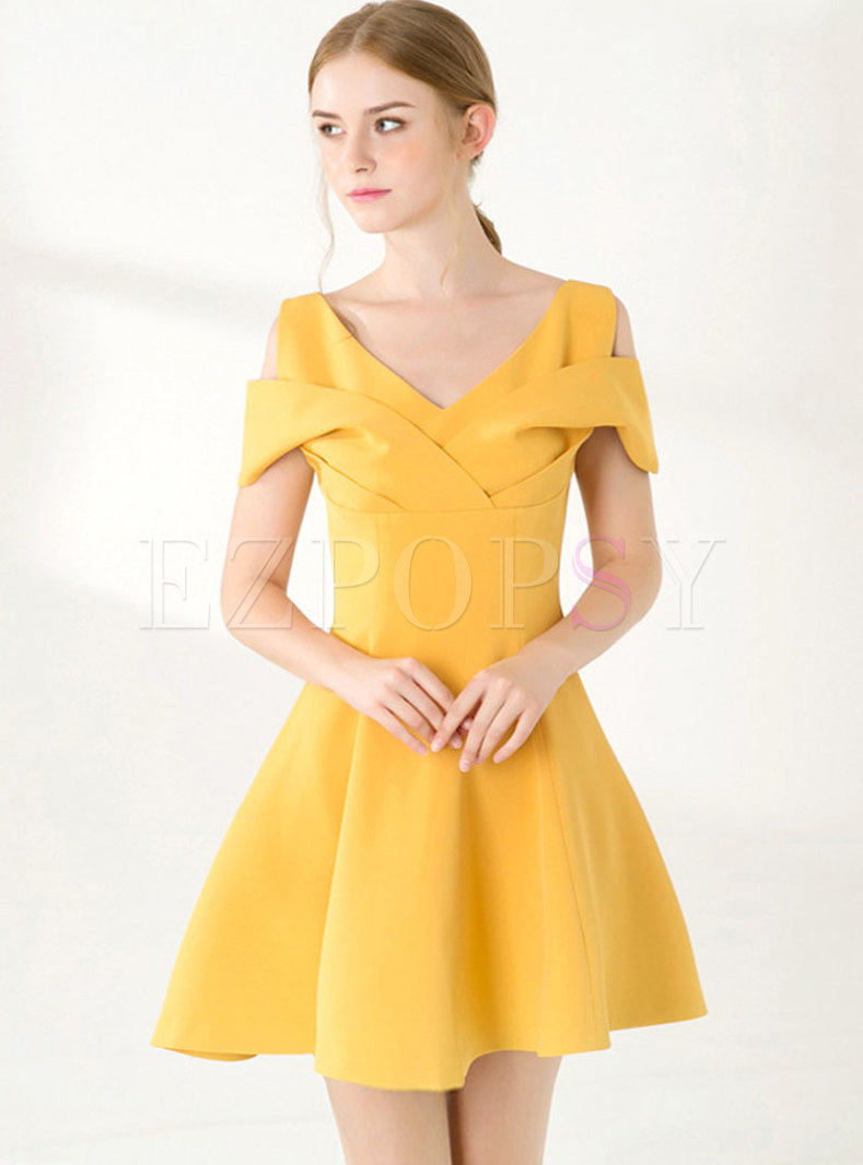 Yellow V-neck Cold Shoulder Mini Skater Dress