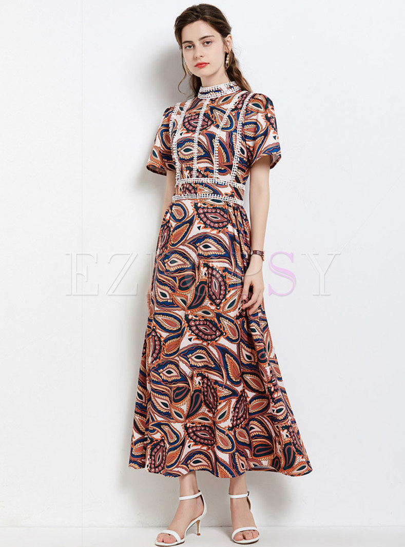 Boho Mock Neck Print Maxi Dress