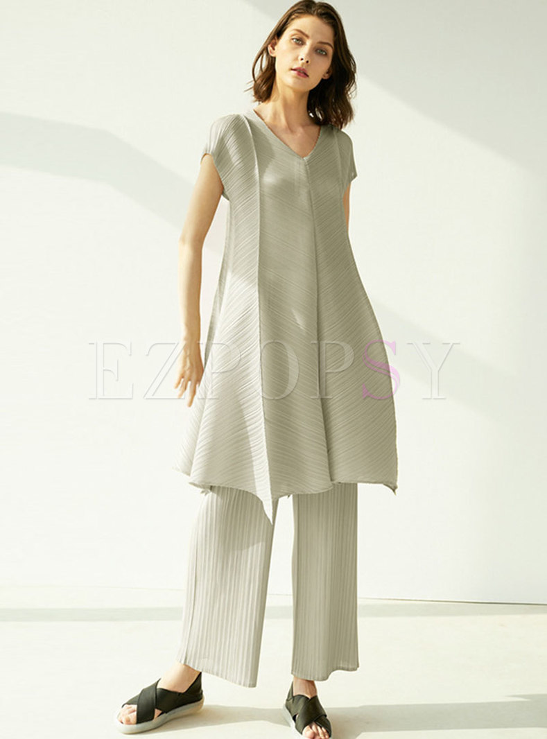 Casual V-neck Pleated Wide Leg Pant Suits