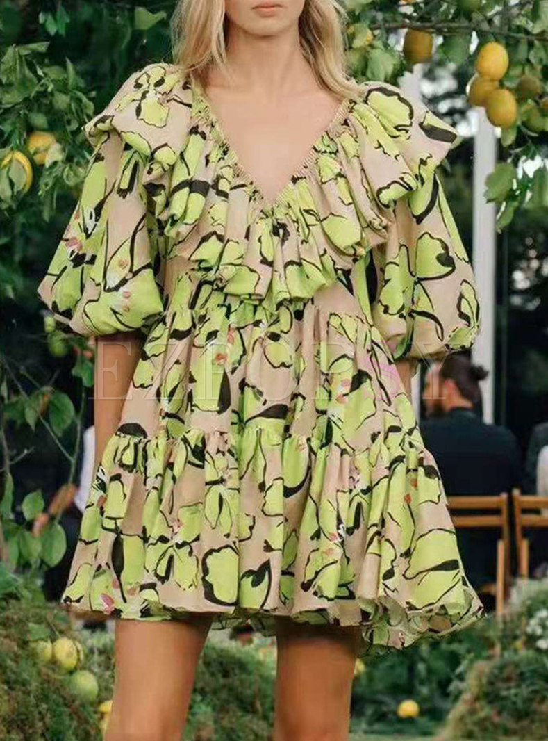 V-neck Ruffle Puff Sleeve Print A Line Mini Dress