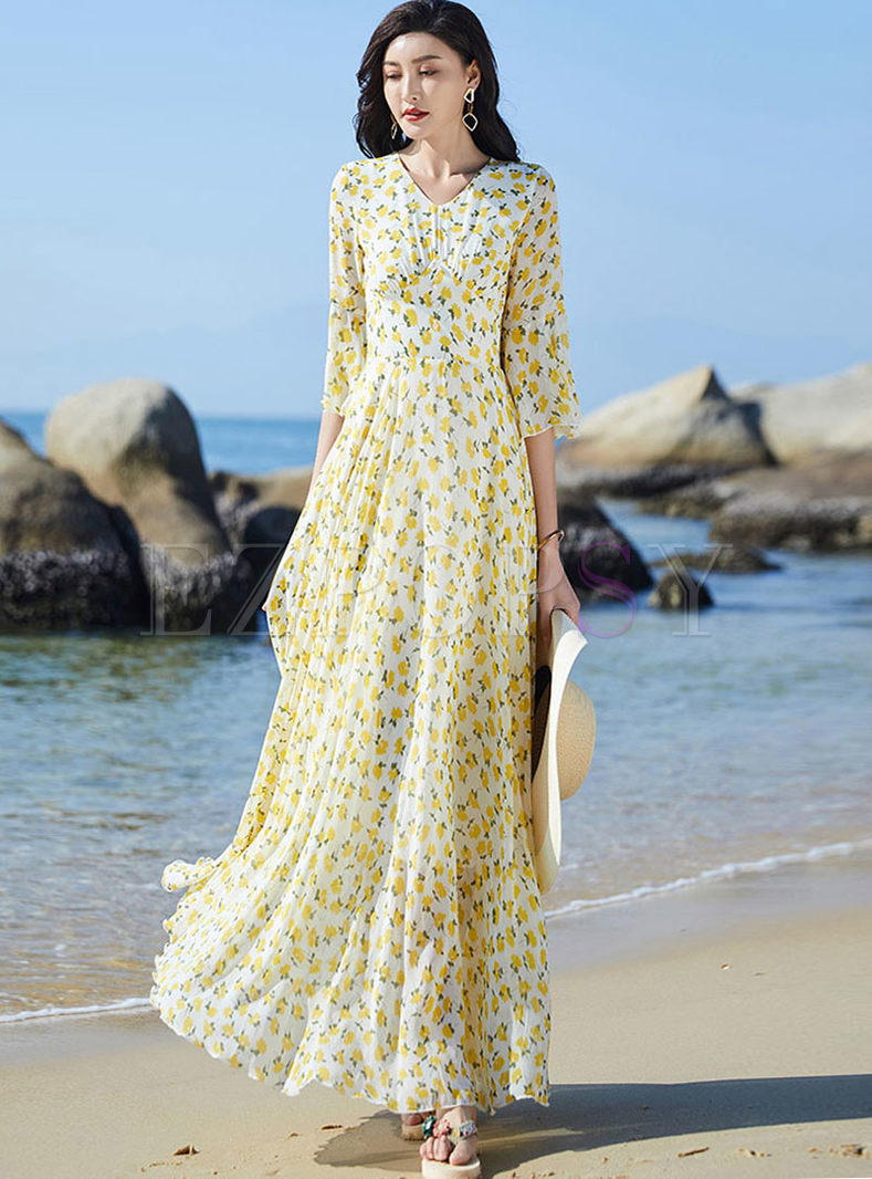 Yellow Floral Flare Sleeve Chiffon Beach Maxi Dress