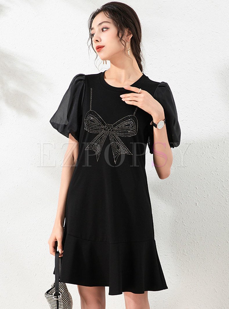 Sequin Bowknot Embellished Patchwork T-shirt Dress