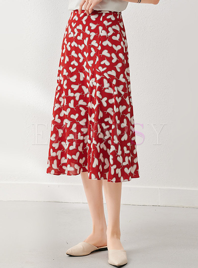 Sweetheart Print A Line Red Skirt
