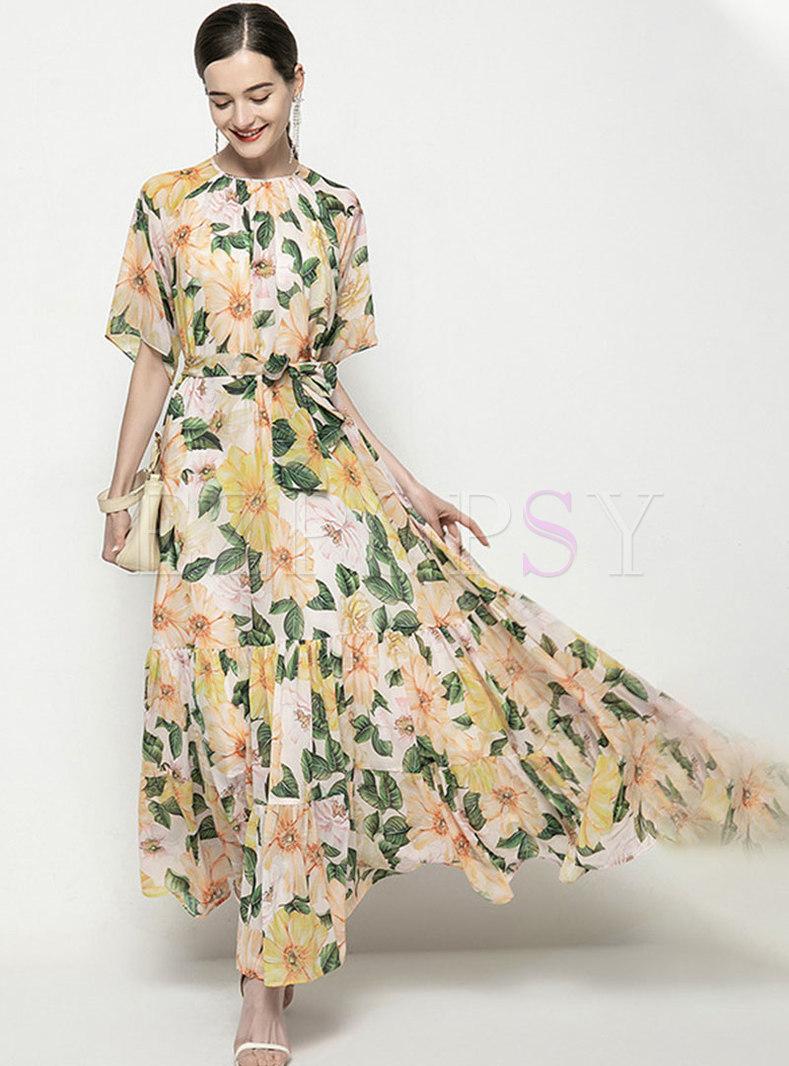 Elegant Half Sleeve Print Maxi Dress