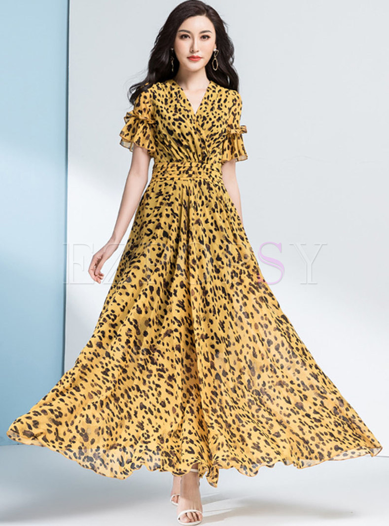 Boho Yellow Leopard Print Chiffon Beach Maxi Dress
