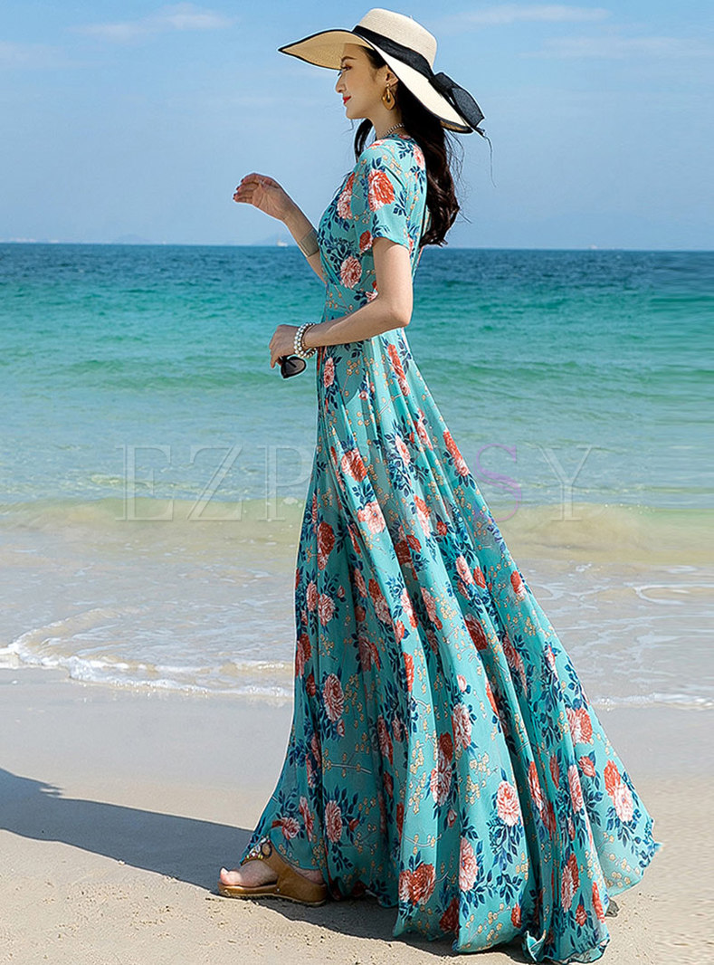 Dresses  Maxi Dresses  Blue Floral Vneck Chiffon Beach Dress