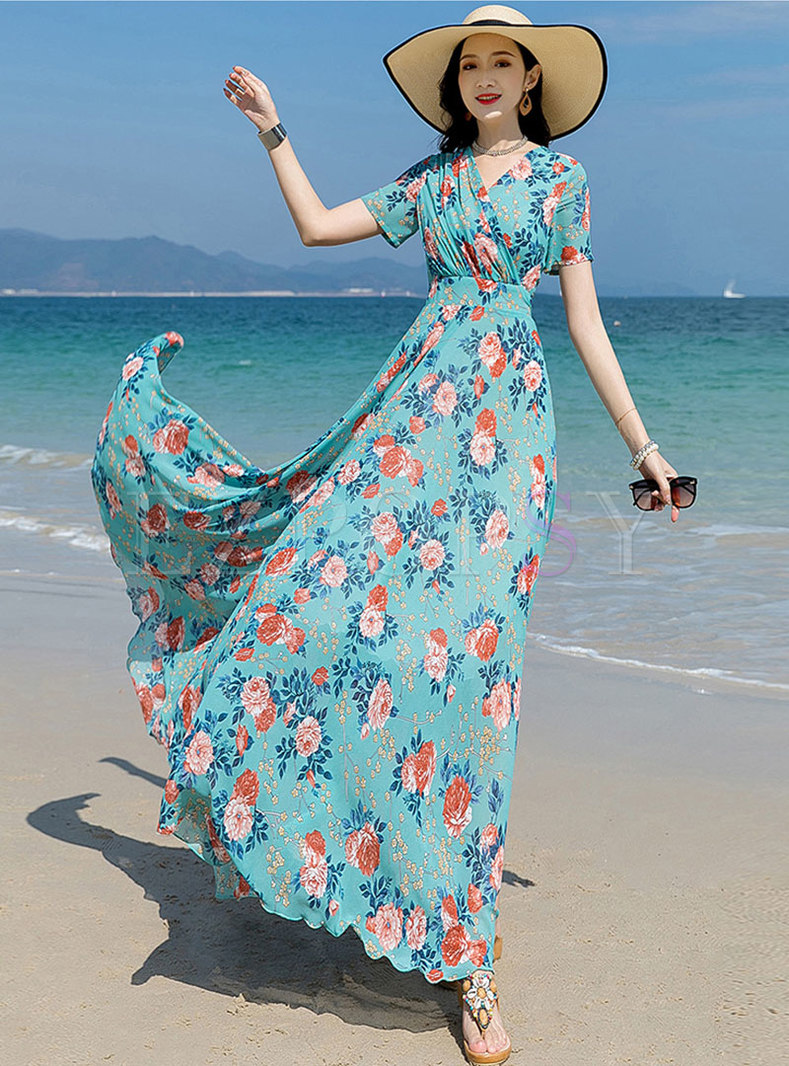 Dresses | Maxi Dresses | Blue Floral V-neck Chiffon Beach Dress
