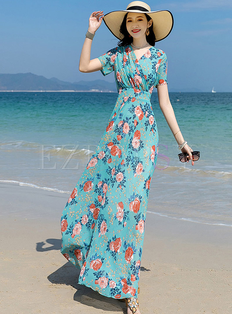 Dresses | Maxi Dresses | Blue Floral V-neck Chiffon Beach Dress
