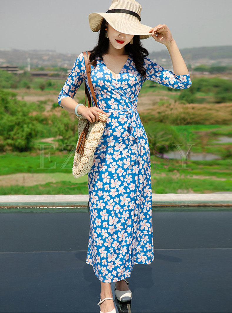 Blue V-neck 3/4 Sleeve Print Wrap Maxi Dress