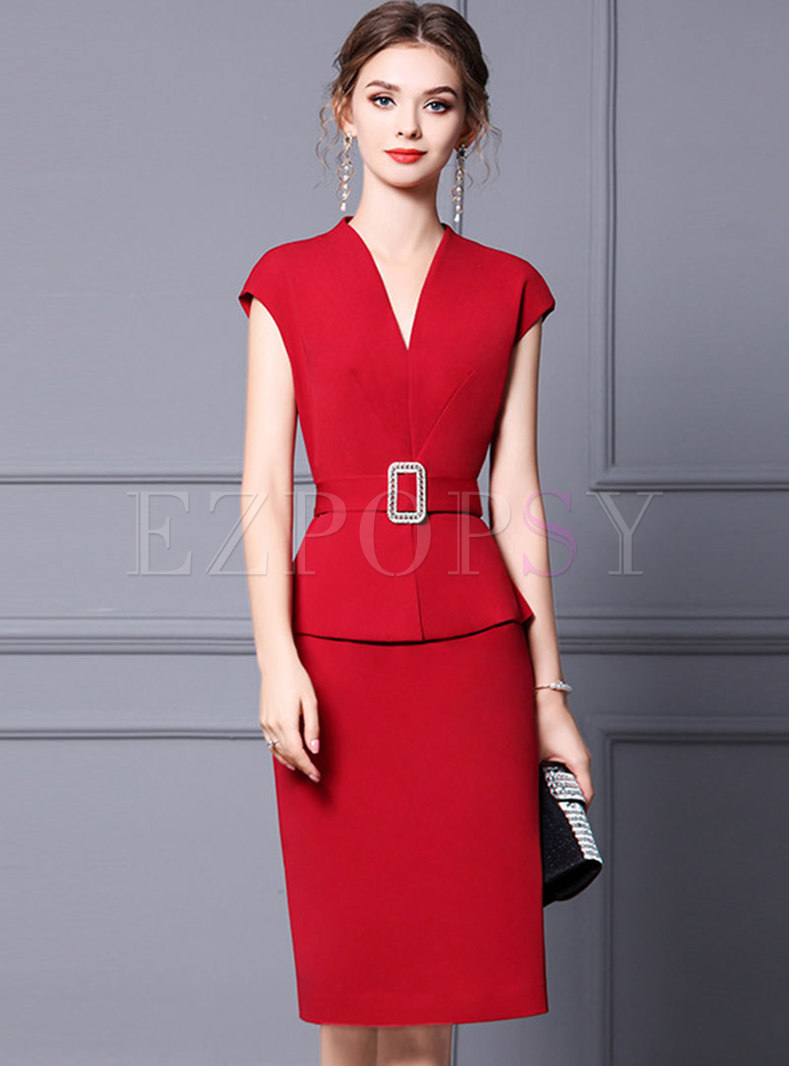 Red Cap Sleeve V-neck Patchwork Bodycon Dress