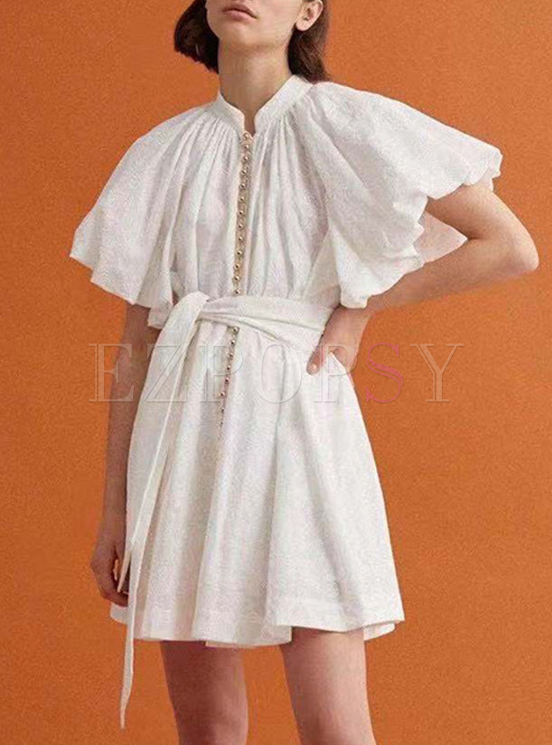 White Mandarin Collar Single-breasted A Line Mini Dress