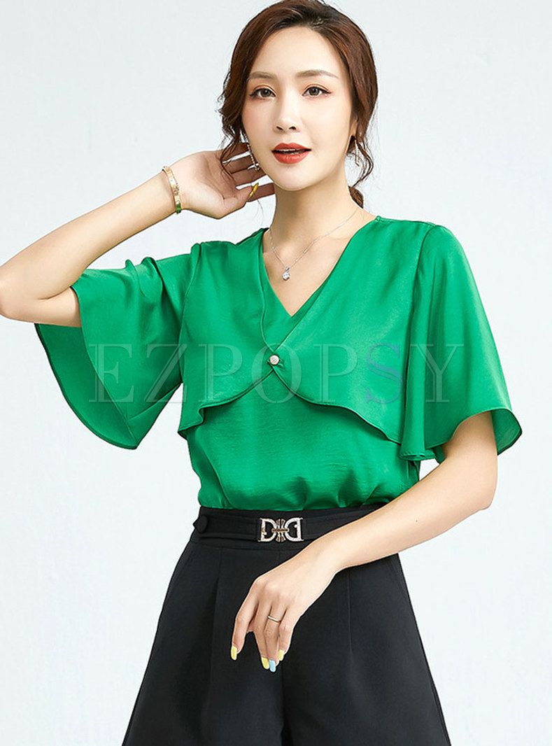 Solid Half Sleeve Pullover Chiffon Blouse