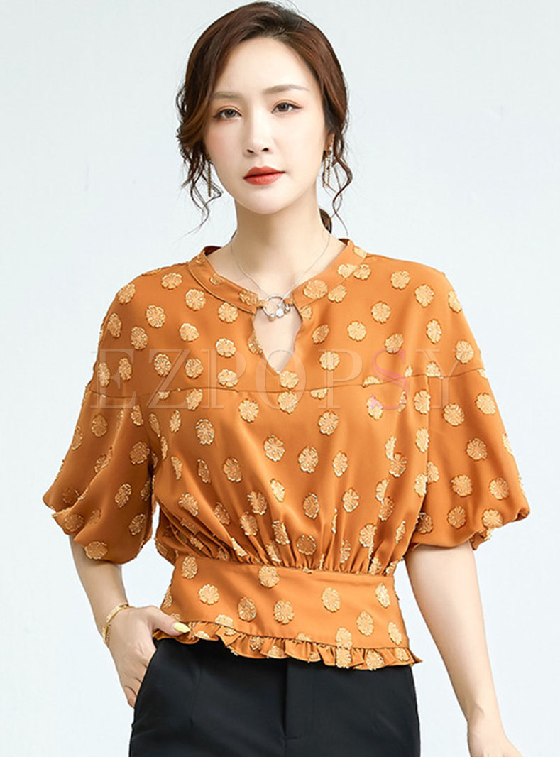 Jacquard Cut Out Front Cinched Waisted Blouse