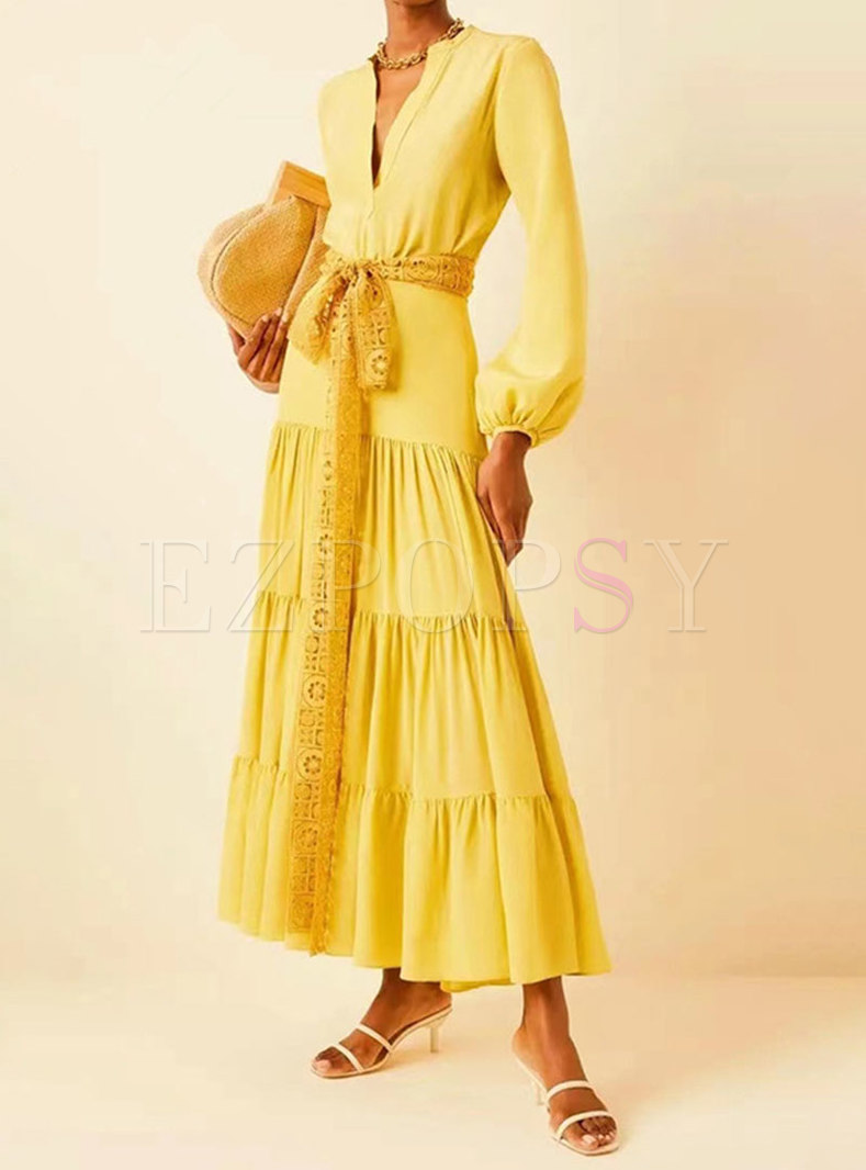 Yellow Long Sleeve Wrap Maxi Dress