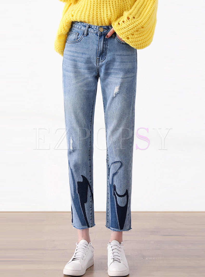 Blue High Waisted Embroidered Straight Jeans