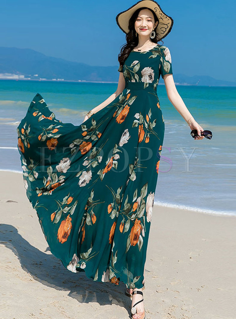 Dresses  Maxi Dresses  Green Print High Waisted Chiffon Beach Maxi Dress