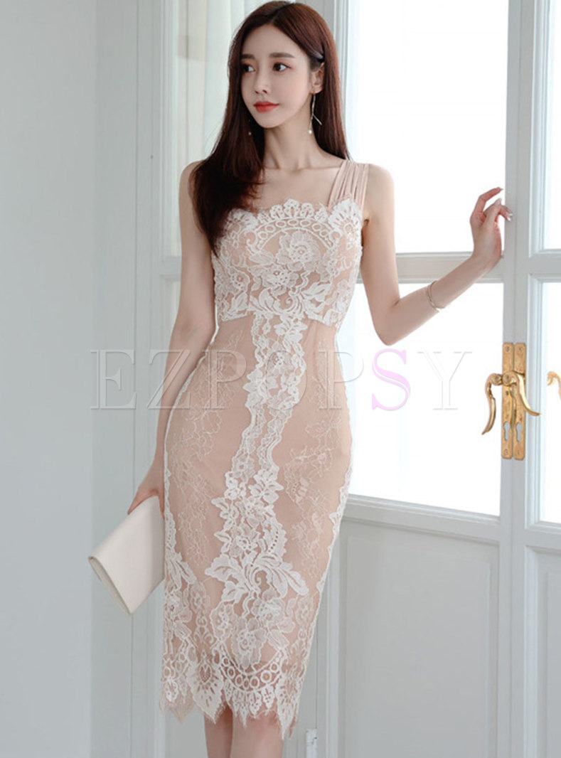 Square Neck Sleeveless Lace Patchwork Bodycon Dress