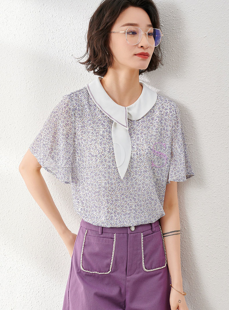 Sweet Color-blocked Patchwork Floral Chiffon Blouse