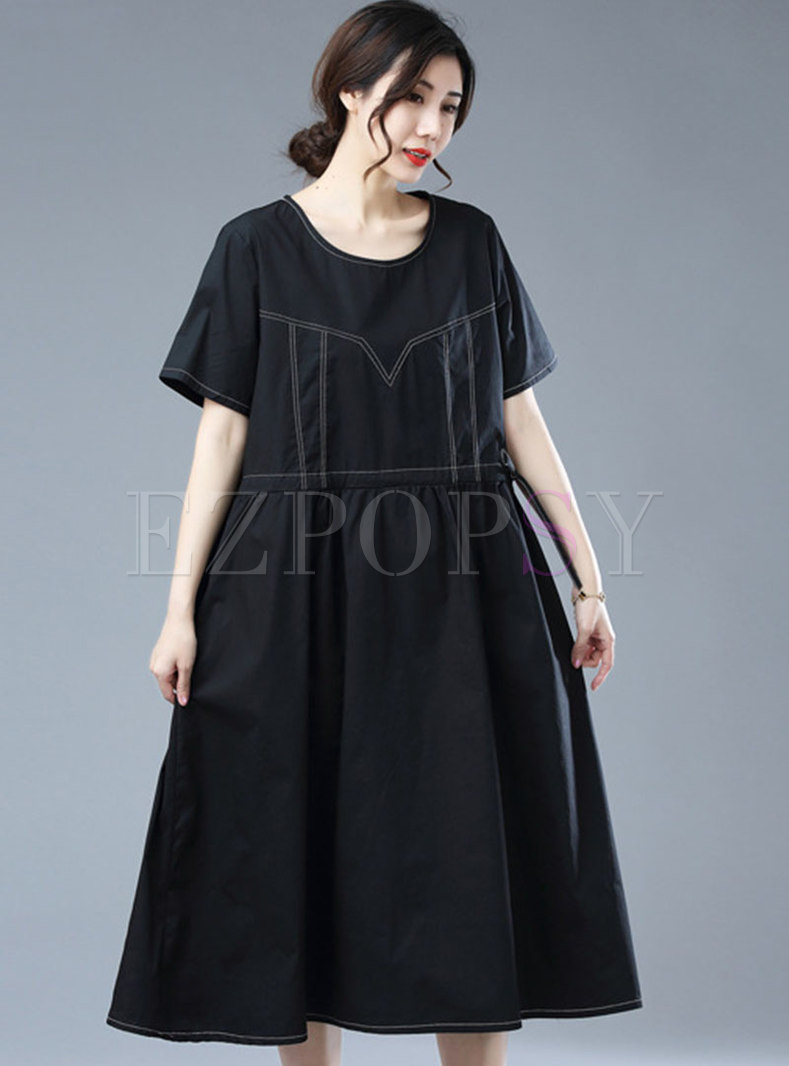 Brief Black Short Sleeve Drawcord Linen Dress