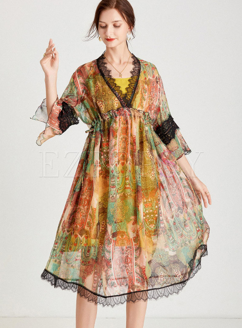 Plus Size Print Lace Chiffon Midi Dress With Cami
