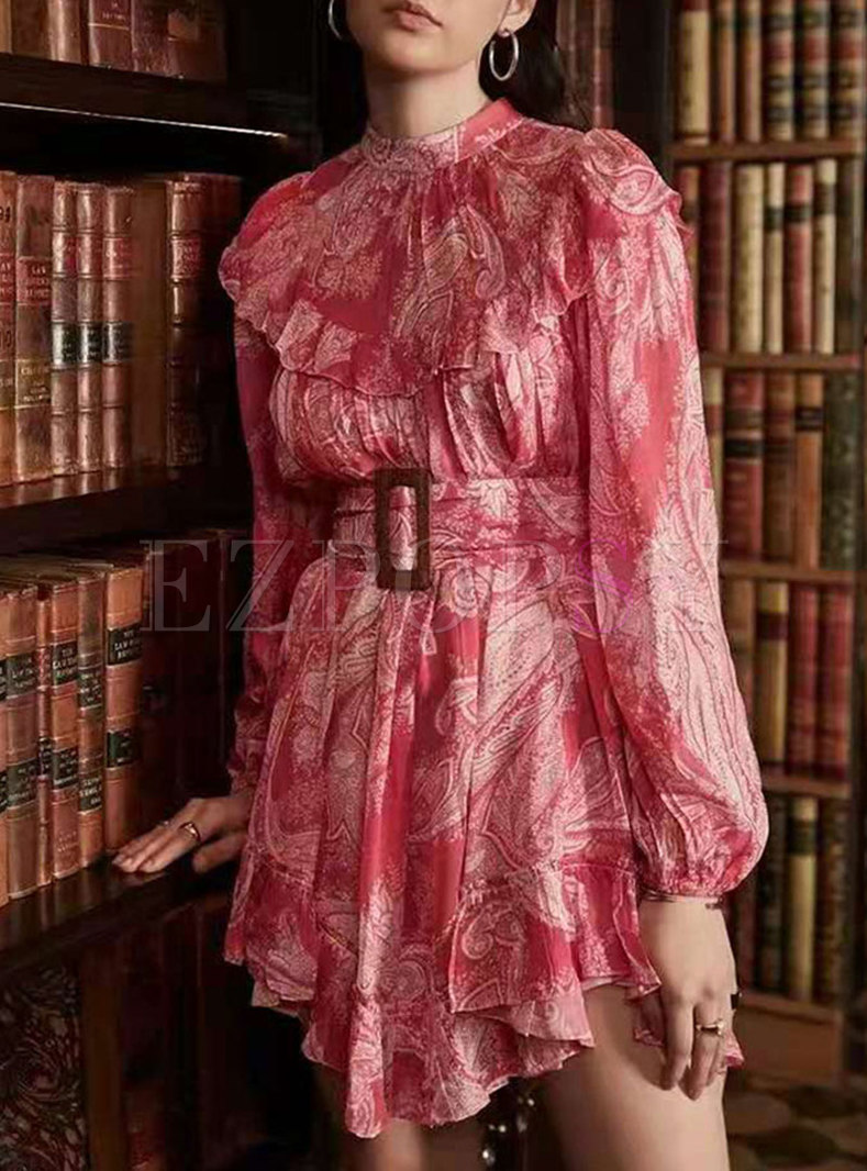 Pink Print Long Sleeve Irregular Mini Dress