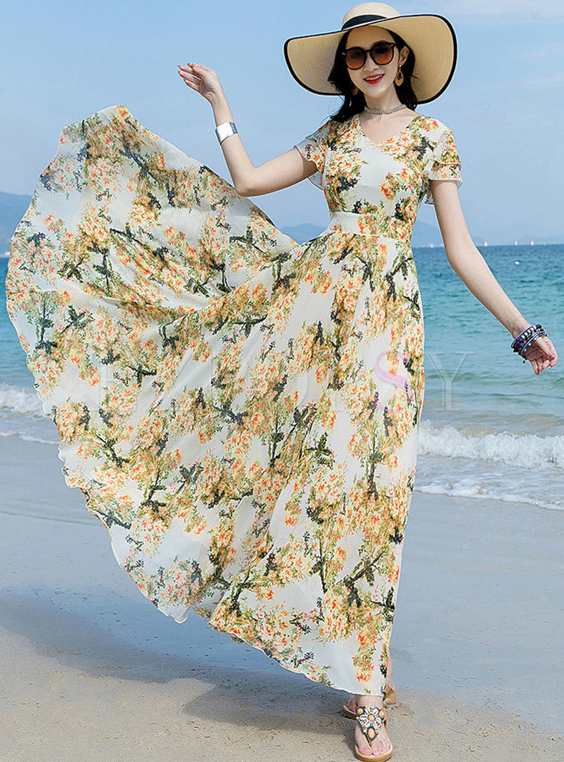 V-neck Cinched Waist Floral Beach Dress