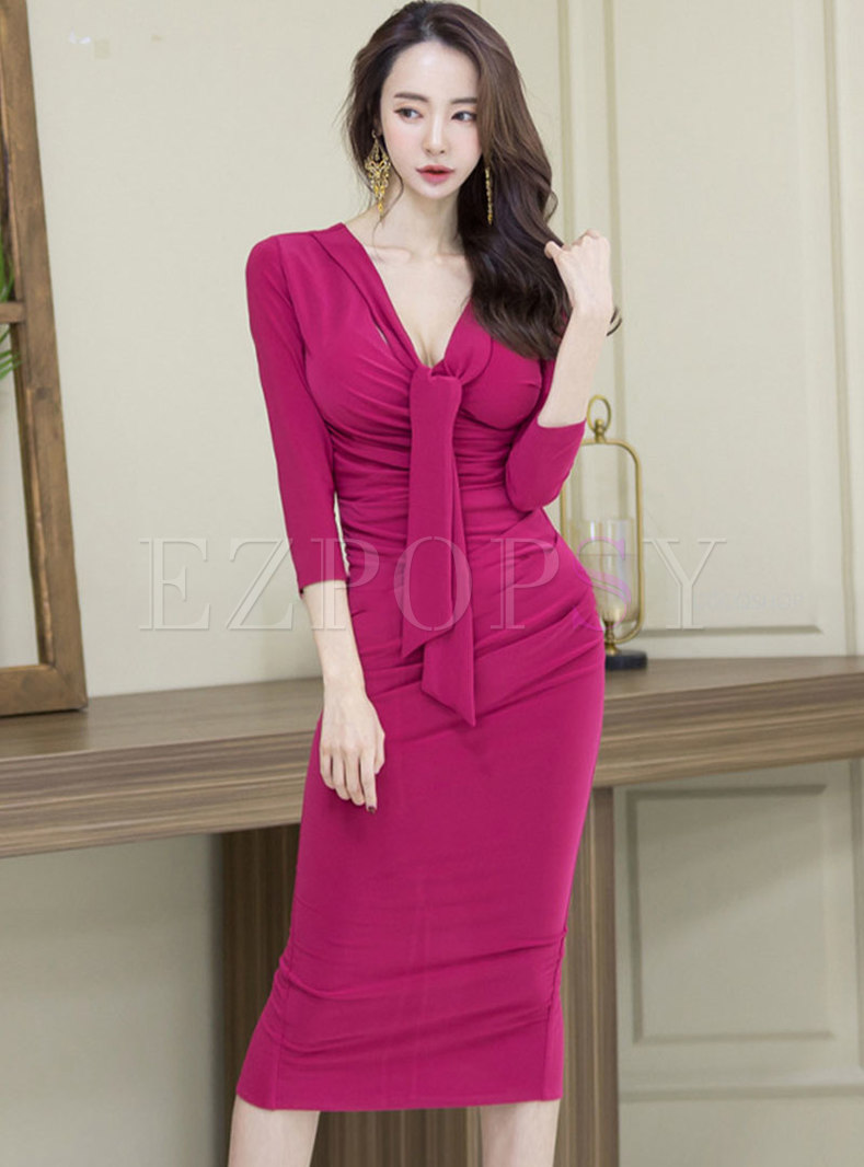 Sexy 3/4 Sleeve Ruched Bodycon Midi Dress