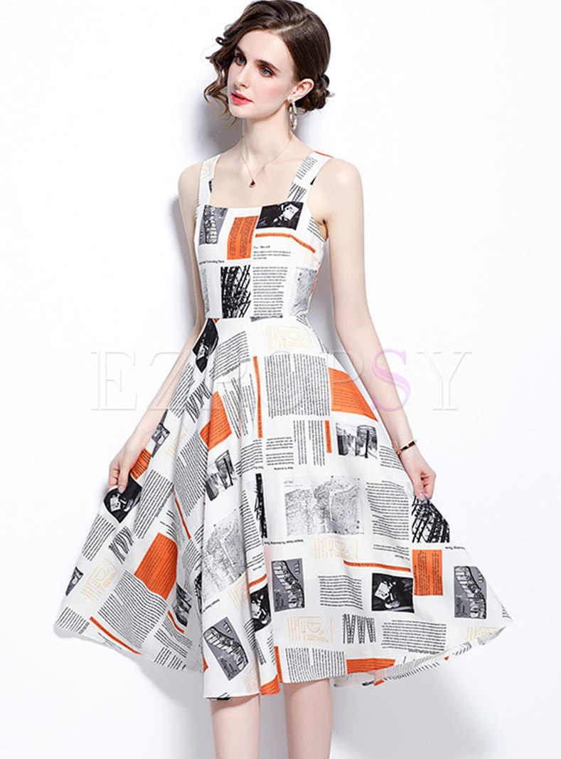 Square Neck Print Big Hem A Line Midi Dress
