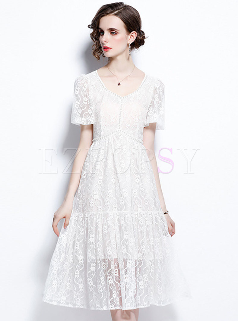 White Beaded Square Neck Short Sleeve Lace Dress