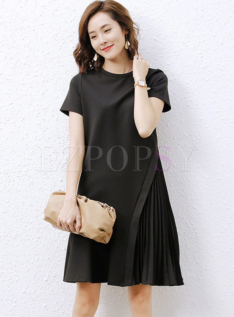 Brief Solid Crew Neck Pleated T-shirt Dress