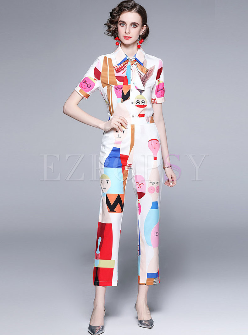 Short Sleeve Print Blouse & High Waisted Pant Suits