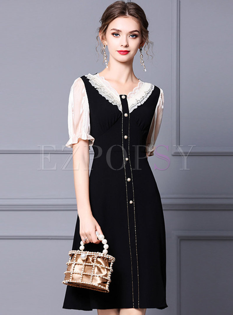 Lace Patchwork Button Embellished A Line Dress