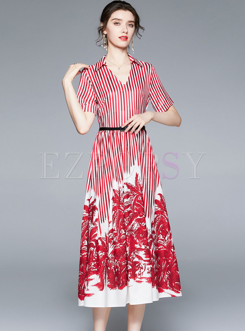 V-neck Short Sleeve Striped Print Maxi Dress
